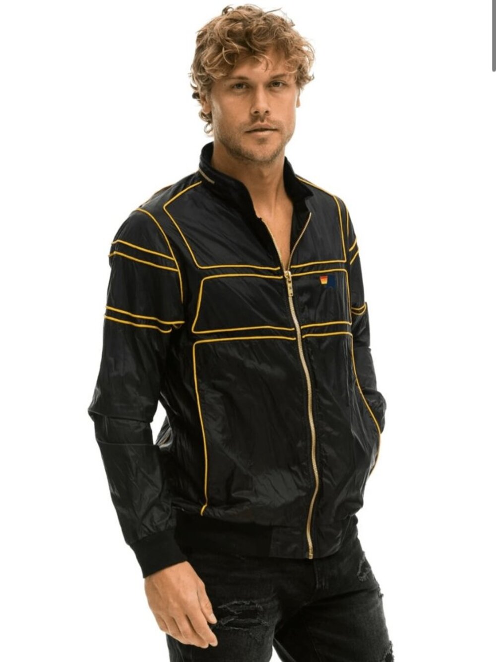 Aviator Nation Racer Moto Jacket Black Gold Piping Sz XS